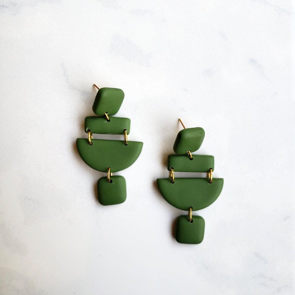 BRAND NEW! Green + Gold Dangle Earrings | Polymer Clay Earrings